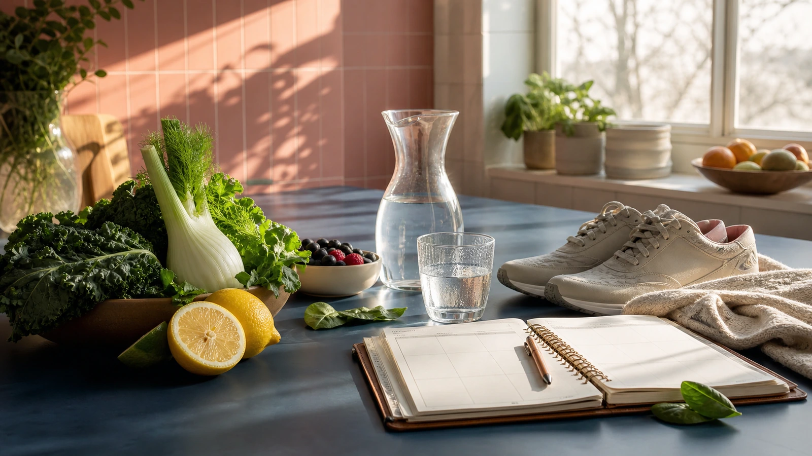 gedekte feesttafel op de achtergrond, glas water met citroen op de voorgrond