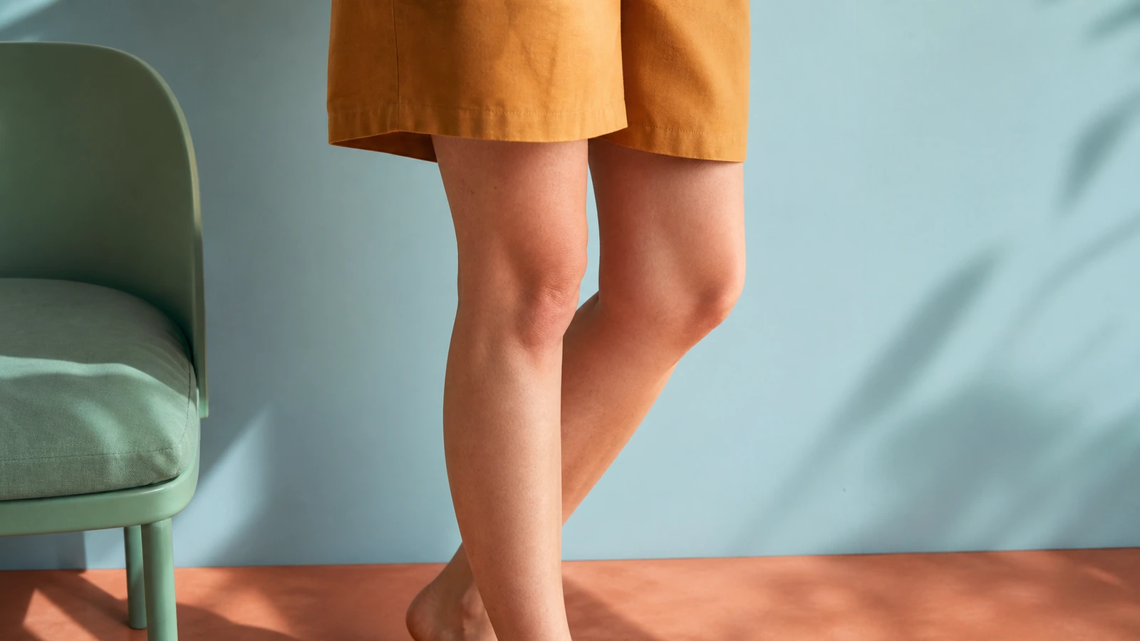 close-up van een bovenbeen/heup met beginnende cellulite, natuurlijk licht