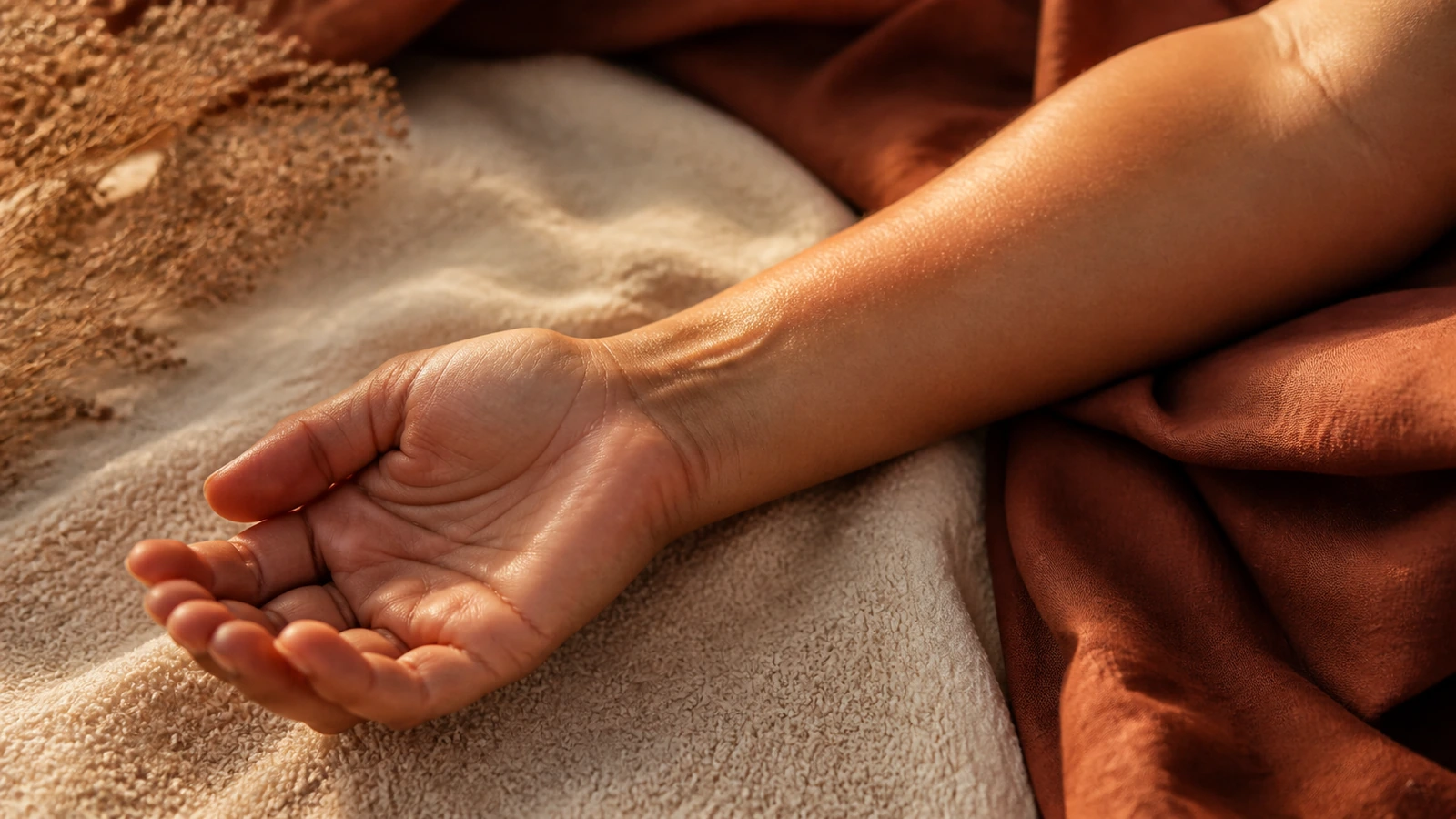 onderarm met zachte handdoek, ontspannen open handpalm, warm licht