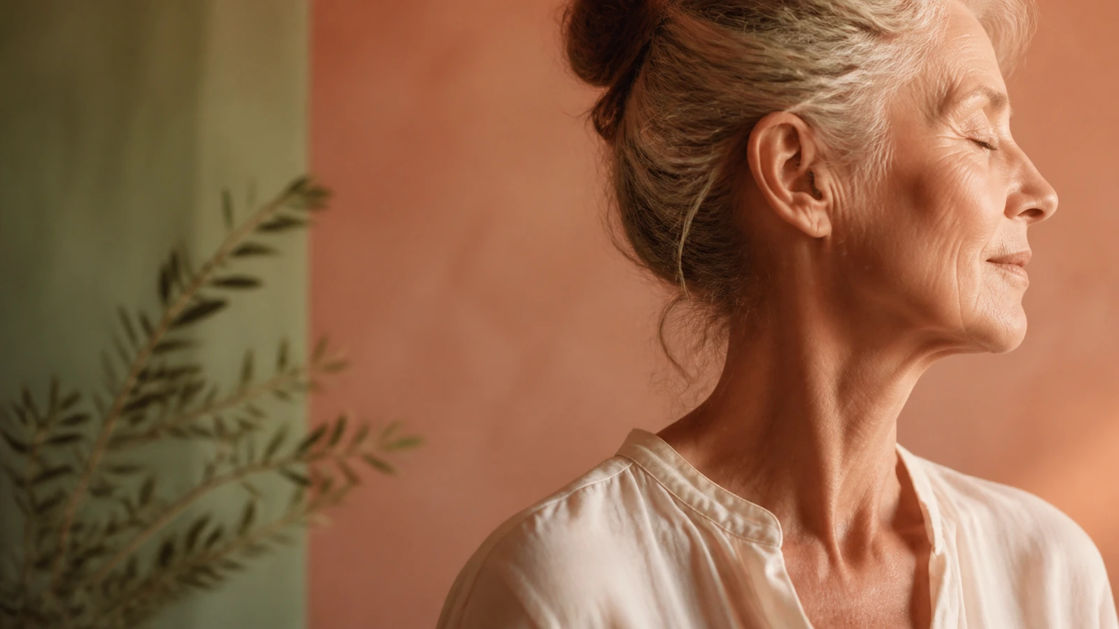 gezichtsprofiel van oudere vrouw met gesloten ogen in zacht zijlicht, serene sfeer