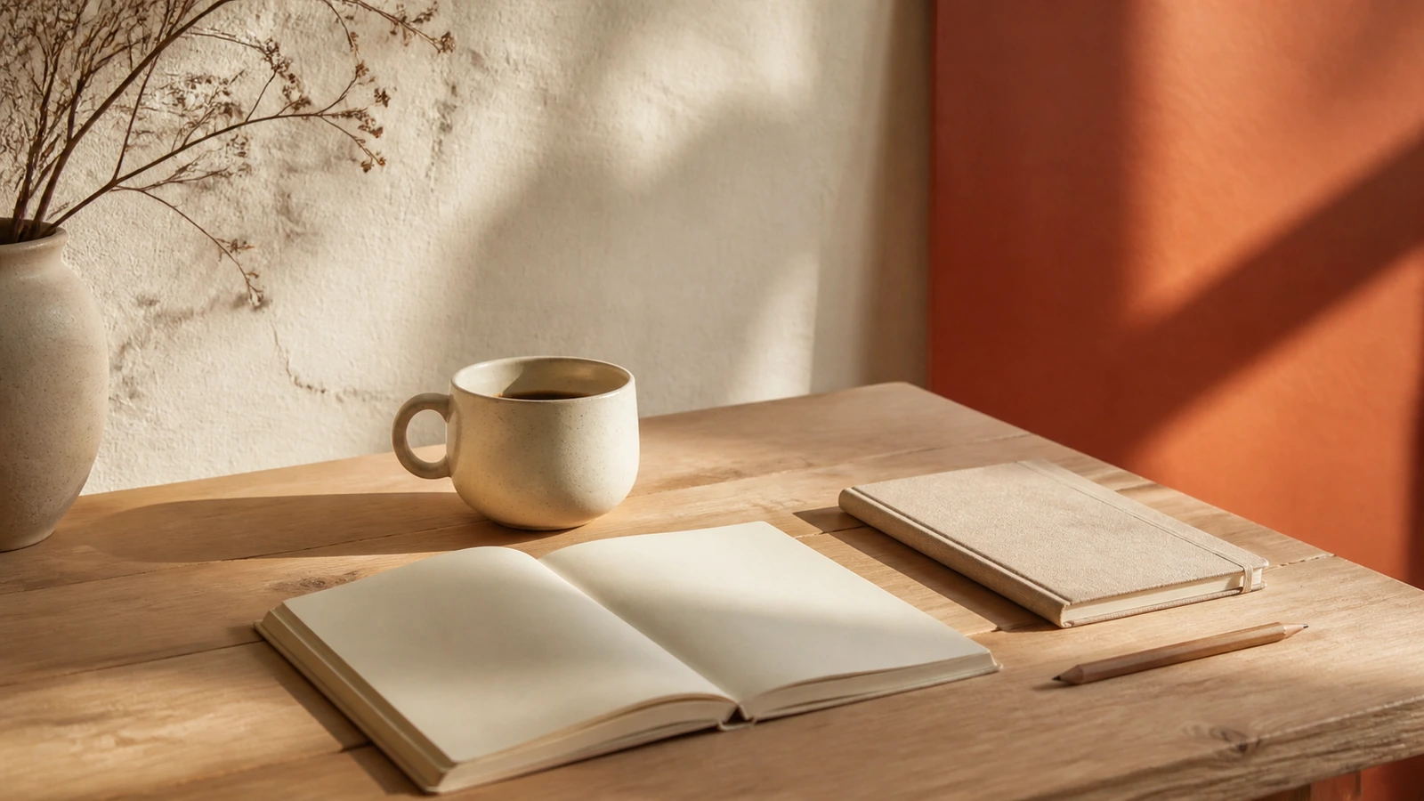 minimalistisch stilleven: notitieboek, kop koffie en agenda op houten tafel