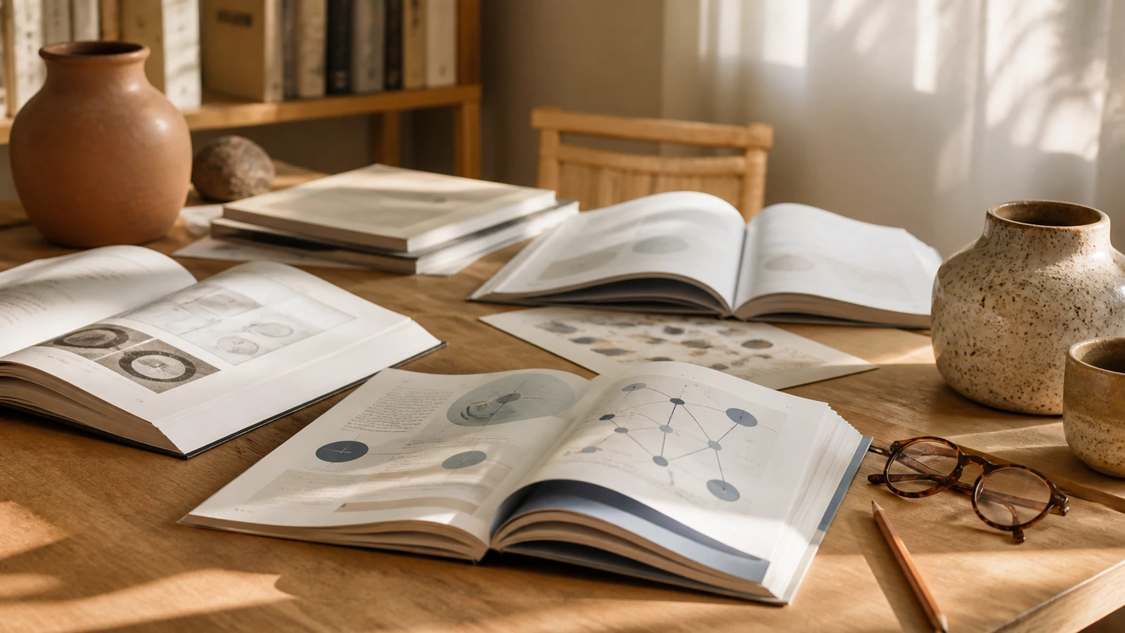 opengeslagen wetenschappelijke tijdschriften met leesbril op bureau