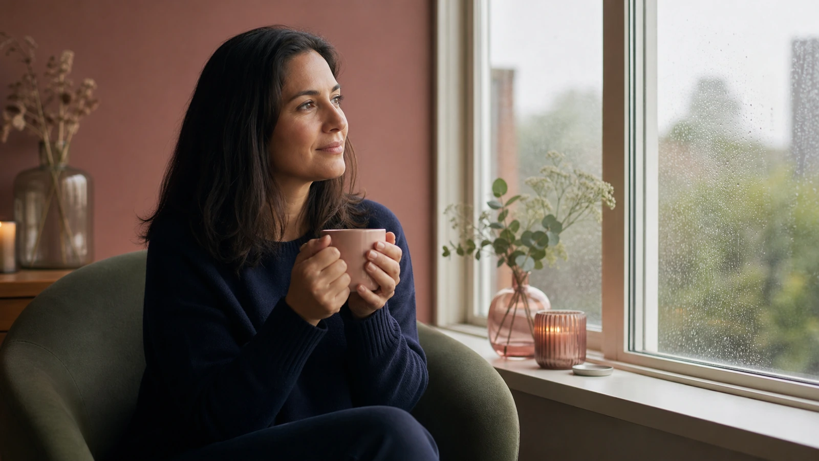 vrouw kijkt peinzend uit het raam, zachte melancholische sfeer