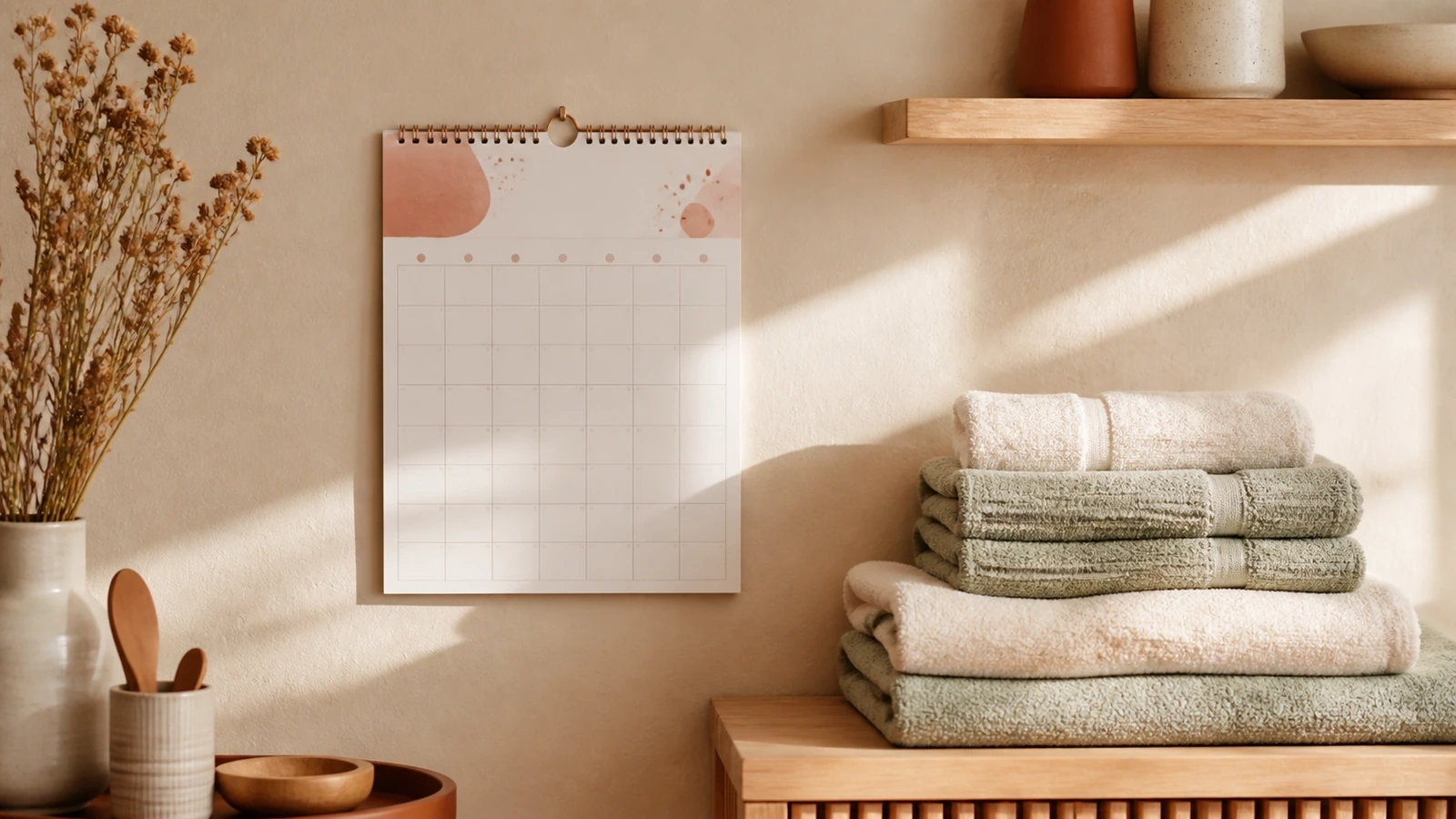 wandkalender met terracotta-markeringen naast een handdoekenstapel