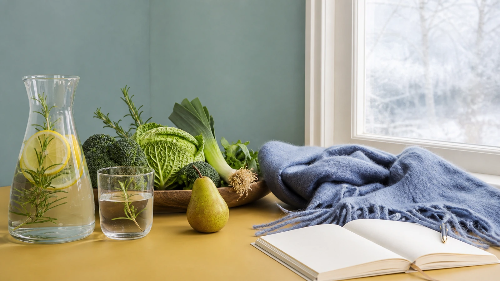 winters raam met thee en plaid, januari-sfeer