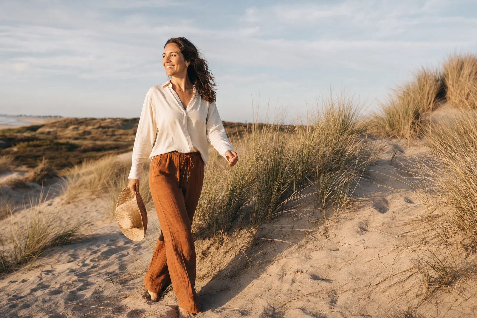 vrouw in zomerkleding geniet van de zon, luchtig