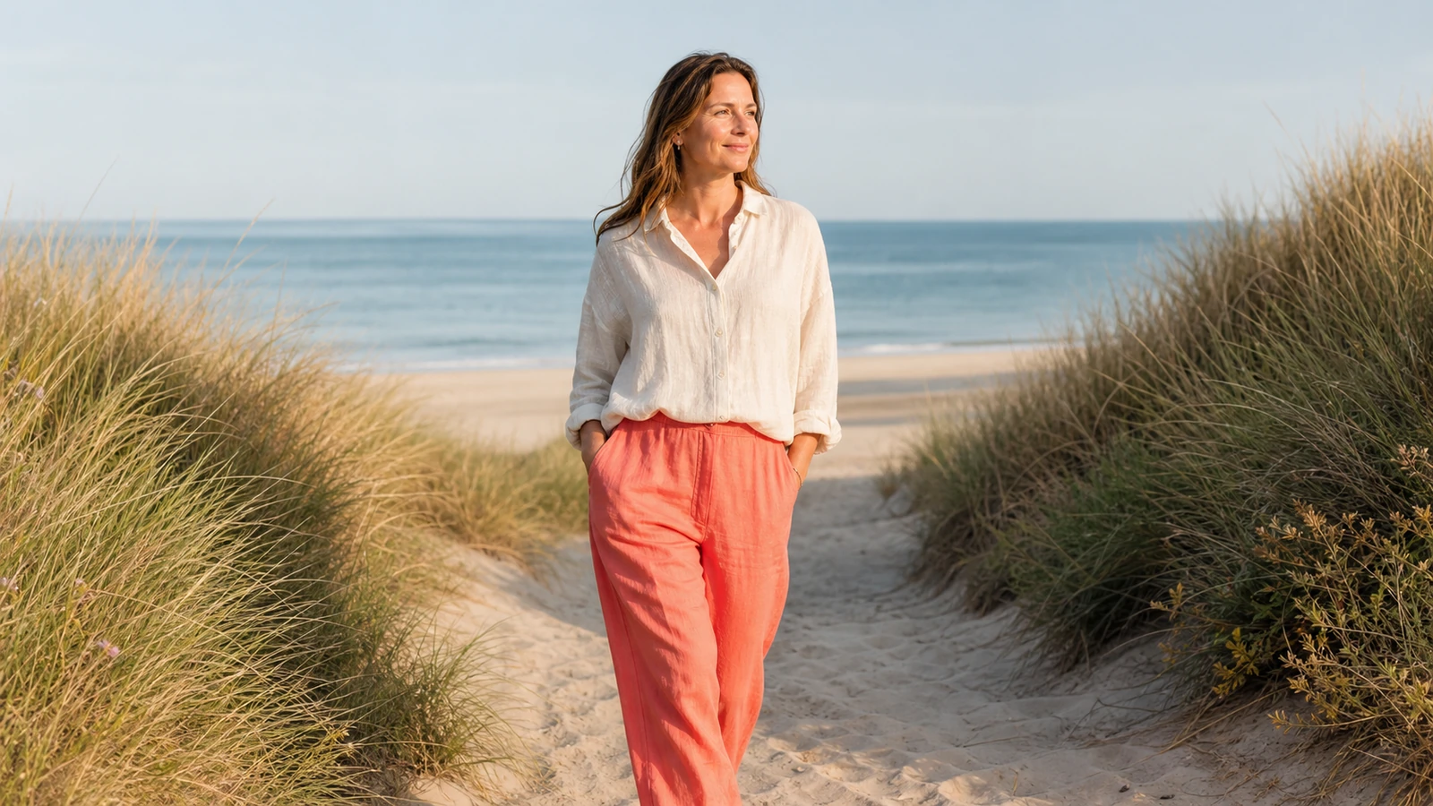 vrouw in zomerkleding geniet van de zon, luchtig