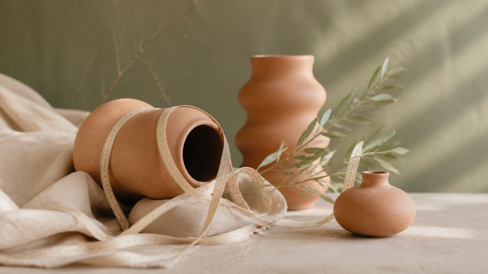 meetlint losjes gedrapeerd over terracotta keramiek, eerlijk stilleven