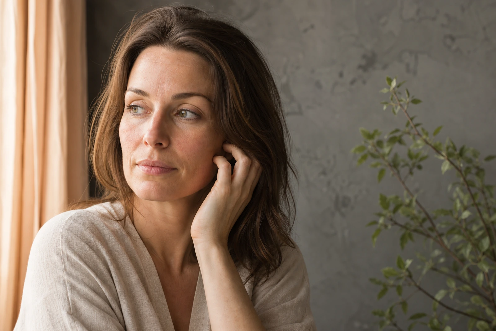 gezicht van een vrouw met vermoeide, doffe huid, eerlijk en neutraal