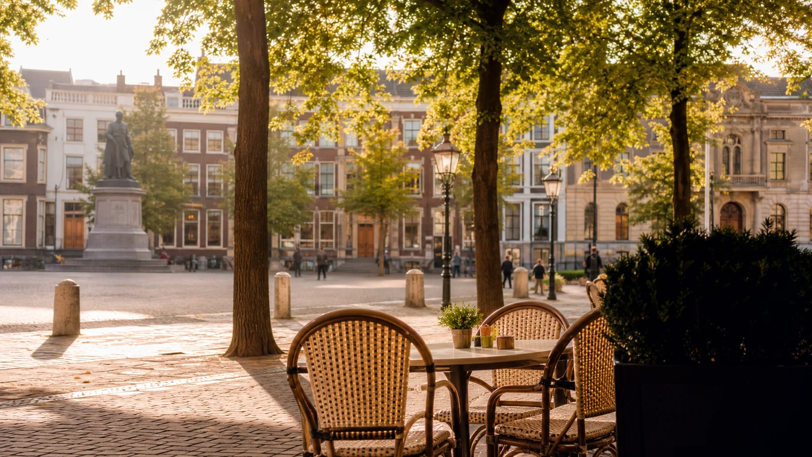 herkenbaar stadsbeeld van den haag: statige lanen bij het Plein met terrassen in de ochtendzon; warme editorial-stijl, geen close-ups van personen